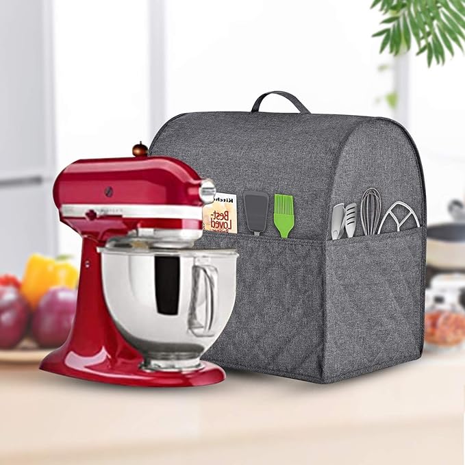 Stand Mixer Dust-proof Cover for KitchenAid Mixer，Multi Pockets for Various Kitchen Appliance Accessories，Water-resistant，Easy Cleaning (Grey, Fit for Bowl Lift 5-8 Quart)