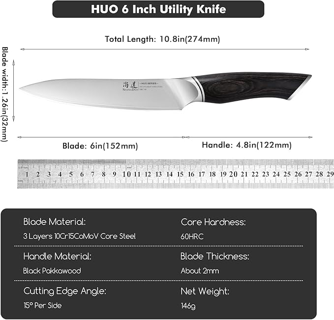 SHANGDAO Utility Knife, 6 Inch Small Kitchen Chef Knife, Ultra Sharp 3 Layers VG10 Alloy Steel, Multipurpose Paring Knife for Fruit and Vegetable Cutting with Wooden Handle, Gift Box