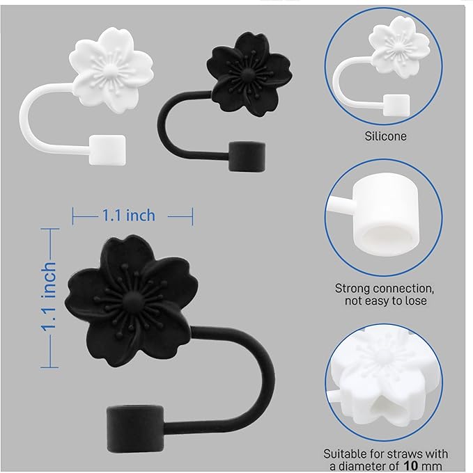 Flower Silicone Straw Cover Cap for Stanley Cup, 10 mm 0.4 in Reusable Topper Tips Lids, Gift for Party Decor (2pcs Black 2pcs White Cherry Blossom)