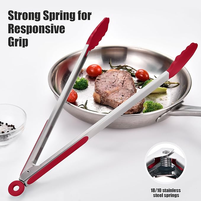 Doosu Kitchen Tongs for Cooking - 600°F Heat Resistant Food Tong with Non-Scratch Silicone Tips, Heavy Duty Stainless Steel Locking Tong for BBQ, Grilling Steak, Serving Salad, Pasta (16in, Red)
