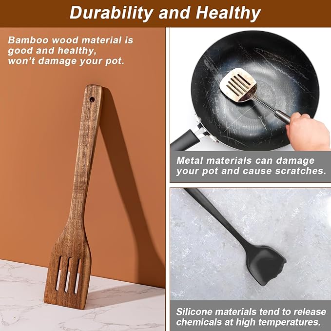 Wooden Spoons for Cooking 7-Piece, Kitchen Nonstick Wood Cooking Utensils Set, Durability Wooden Spatula Spoon for Everyday Use, Brown