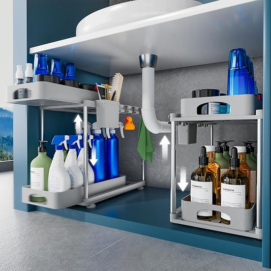 VERIFOST 2 Pack Adjustable Gray Under Sink Organizers, 2 Tier Pull Out Storage, Kitchen Bathroom Office Laundry Room Living Room