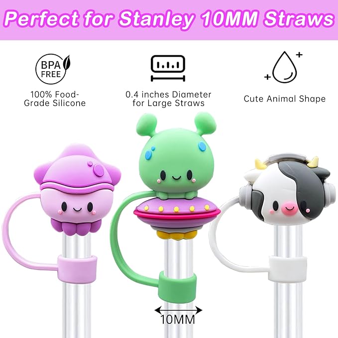 6PCS Straw Cover Cap for Stanley Cup, Silicone Cute Animal Straw Topper for Stanley 30&40 Oz Tumbler with Handle, 10mm 0.4in Dust-Proof Reusable Straw Tips Lids. (Color 6)