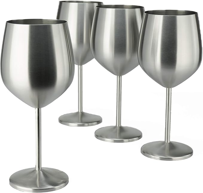 PG Set of 4 Stainless Steel Wine Glass - 18.5oz Silver Brush Finished Wine Glasses - Unbreakable Wine Glasses - Stem Metal Wine Goblets