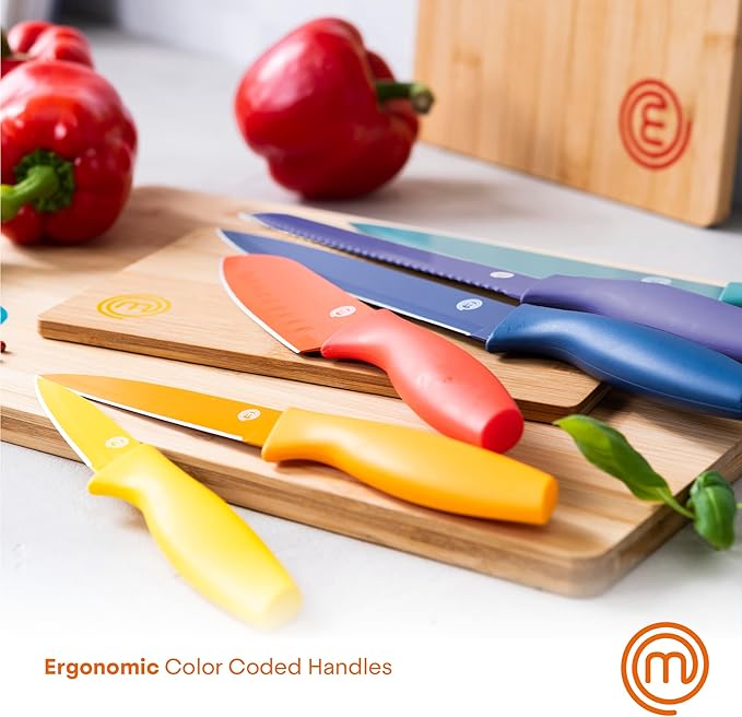 MasterChef Kitchen Knives Set with Covers incl. Paring, Boning, Carving, Bread, Santoku & Chef Knife, Sharp Cutting Stainless Steel Blades with Sheaths, 12 Piece (6 Colored Knives & 6 Covers)