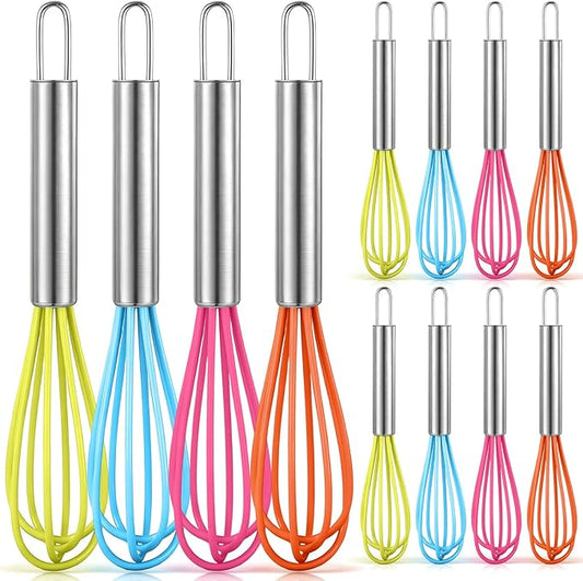 Baderke 12 Pcs 6 Inch Mini Whisks Bulk with Stainless Steel Handles Small Silicone Kitchen Whisks Non Stick Tiny Balloon Wire Whisk for Mixing Stirring Baking Cooking Party Favor Gift (Bright Color)