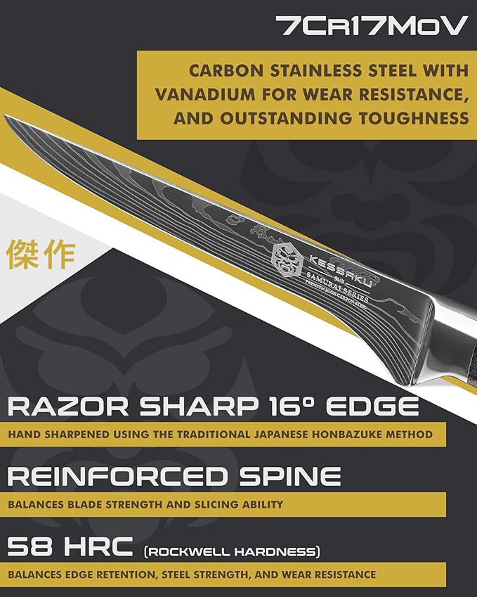 KESSAKU Boning Knife - 6 inch - Samurai Series - Razor Sharp Kitchen Knife - Forged 7Cr17MoV High Carbon Stainless Steel - Wood Handle with Blade Guard