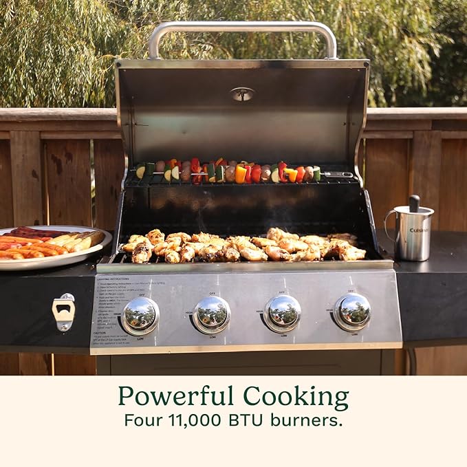 Cuisinart 4-Burner Gas Grill, 44,000 BTU Stainless Steel Full Size Propane Grill with Cast Iron Grates, Outdoor Barbecue with Large Cooking Space and Side Tables for Prep