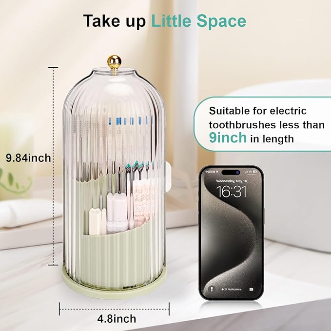 Toothbrush Holders with Sliding Lid, Rotating 3 Slots Bathroom Organizer Countertop, Tooth Brush Toothpaste Holder Bathroom Counter Stand Sink Organizer Caddy for Makeup Brushes Holder (Green)
