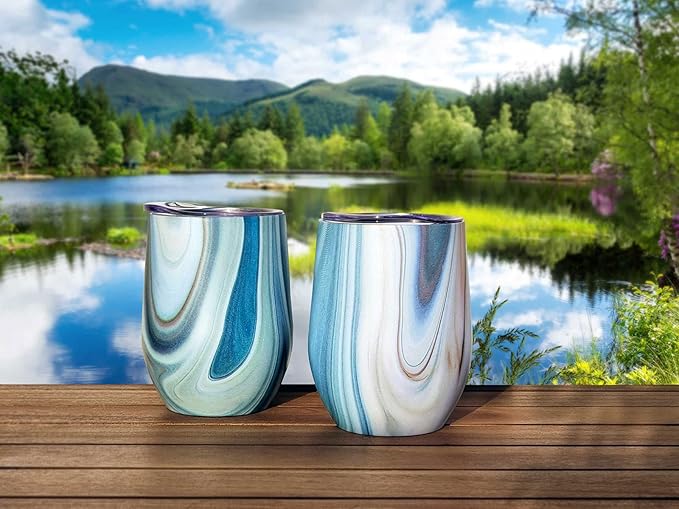 CHILLOUT LIFE 12 oz Stainless Steel Wine Tumblers 2 Pack - Double Wall Vacuum Insulated Wine Glasses Cups with Lids and Straws Set Keeping Cold & Hot for Coffee, Beer, Ice Cream - Ocean Marble Pattern