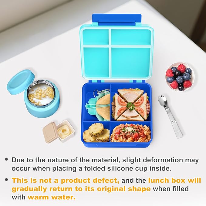 Lunch Box Kids with 5 Compartments, Insulated Food Jar & Utensil & Sauce Container & Lunch Bag & Silicone Collapsible Cup, Leak Proof Bento Box, BPA-Free & Dishwasher Safe-Blue
