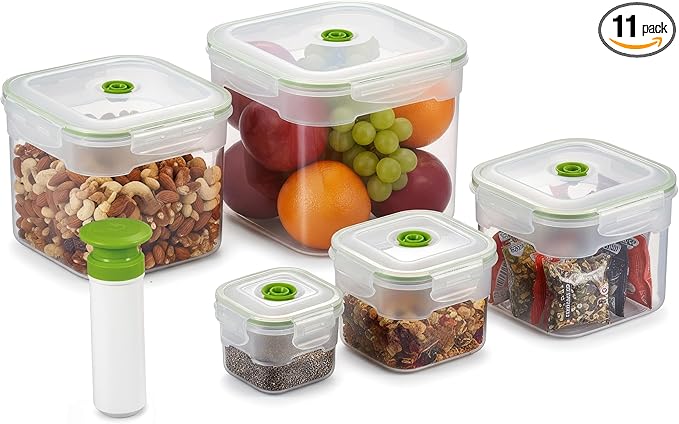 Lasting Freshness 11 piece Vacuum Seal Food Storage Containers with Vacuum Pump, Airtight and Leak Proof, Vacuum Sealed Food Storage Containers, Meal Prep Containers, Keep Food Fresh up to 5 X Longer