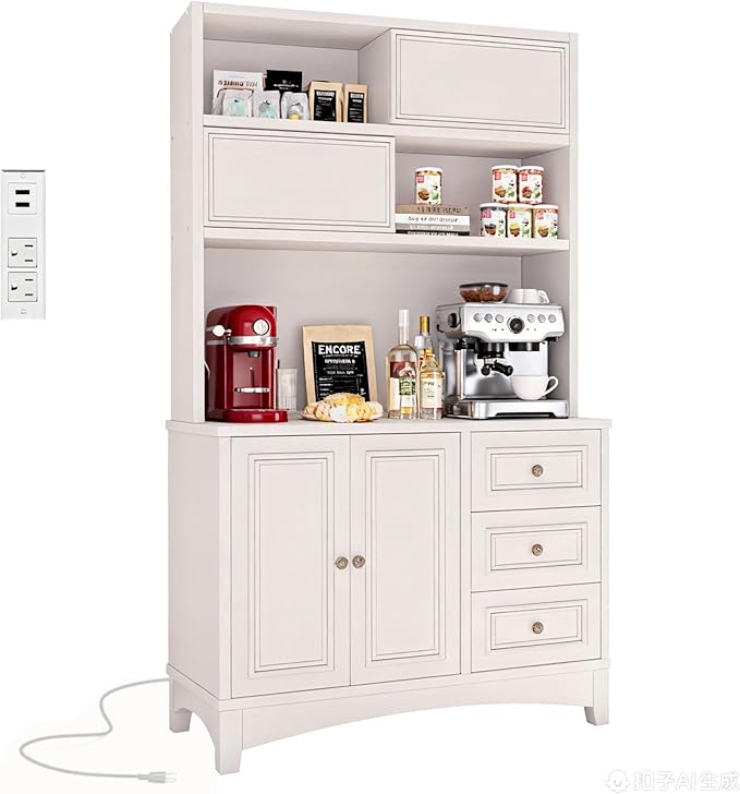 71" Farmhouse White Pantry Cabinet with Charging Station, 4-Type Storage & Anti-Tip Design, Kitchen Cabinet with Adjustable Shelves