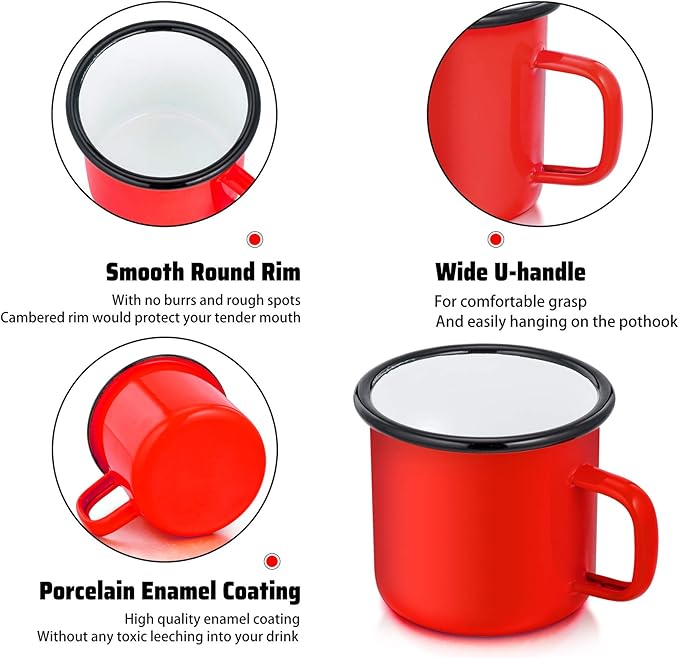 P&P CHEF Enamel Camping Coffee Mug Set of 6, Small Colored Mugs Cups for Family Gathering/Friend Party/Camping/Picnic/Fishing, Lightweight & Portable -12 Ounce, 350ML & Red