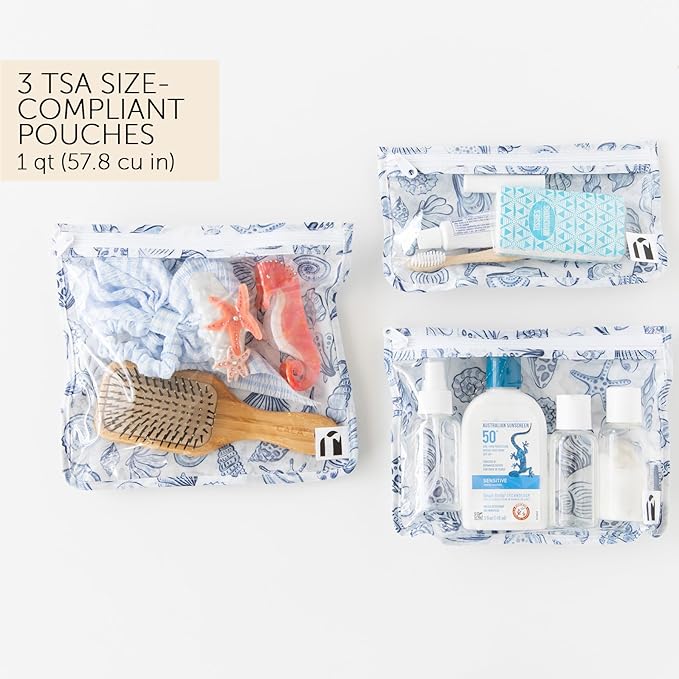 Roamio Travel Bag, Toiletry, TSA Approved Pouch, Zip Quart Size Airline Compliant, Clear-Sided, Baby, Diaper Bag Organization, Makeup, Accessories, Carry On Packing, Set of 3 Sizes, Blue Shells