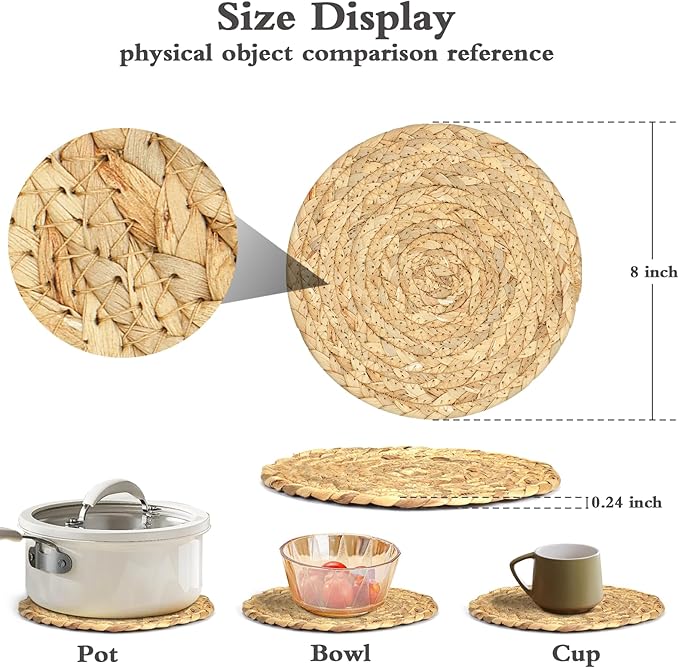 Boho Trivets for Hot Dishes, Pots and Pans, Farmhouse Water Hyacinth Hot Pads 8 Inch, Straw Pot Holders for Kitchen, Rustic Braided Heat Resistant Mat, Jute Coasters Set Wicker Decor (Natural 6 Pcs)