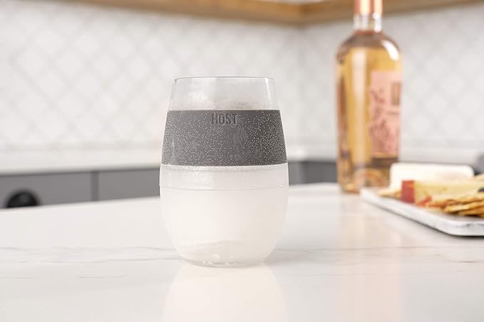 HOST 2962 Freeze Stemless Red & White Wine Tumbler Cups, Insulated Plastic Glass, Set of 2, 8.5 oz, Grey Silicone Bands