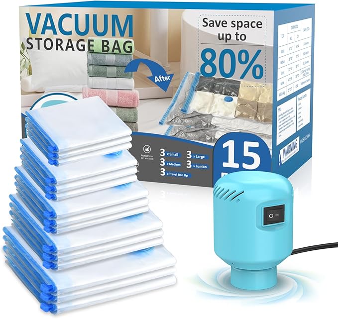 Vacuum Storage Bags for Travel with Electric Air Pump,15 Pack(3 Jumbo,3 Large,3 Medium,3 Small,3 Roll Up Bags) Double Zip Seal Space Saver Bag for Comforters,Clothes,Mattress,Blanket, Duvets