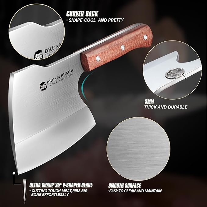 Dream Reach Meat Cleaver Knife Heavy Duty Bone Chopper Stainless Steel Butcher Axe Hand Forged Butcher Knife Meat Bone Cleaver for Kitchen Outdoor BBQ, Christmas Gifts for Men Women
