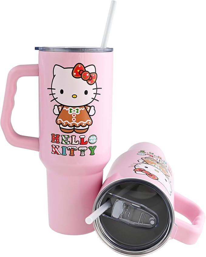 Silver Buffalo Sanrio Hello Kitty Holiday Gingerbread Dress Stainless Steel Tumbler with Handle, Fits in Standard Cup Holder, 40 Ounces