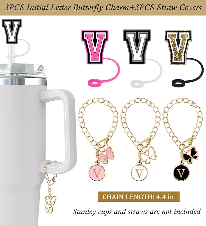 （3 +3) Nuozme Straw Cover Compatible with Stanley Tumbler Cup 3PCS Letter Straw Caps Toppers with 3 Initial Butterfly Charms Name ID For Stanley 30&40 Oz Cup