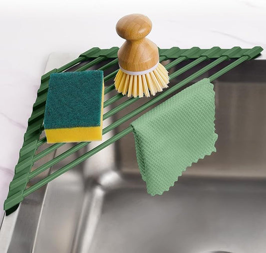 Tomorotec Compact Silicone-Coated Triangle Dish Drying Rack for Sink Corner - Foldable Stainless Steel Over-The-Sink Organizer and Storage Shelf (Army Green)