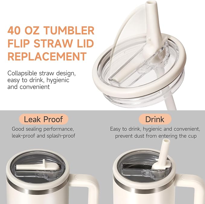 40oz Flip Straw Leak Proof Lid for Stanley H2.0 Quencher Protour Tumbler, 2 Pack Spill Proof Lid Replacement Straw Cover Top for 40 OZ Stanley Cup Accessories (Black, Blue Spruce)