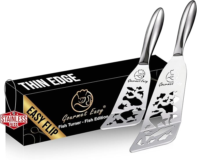 Stainless Steel Fish Spatula Set – Funky Fish Edition, 1 Large Fish Turner + 1 Small Metal Spatula, Ultra Thin Edge for Easy Turning & Flipping, Ergonomic Non-Slip Handle, Dishwasher Safe