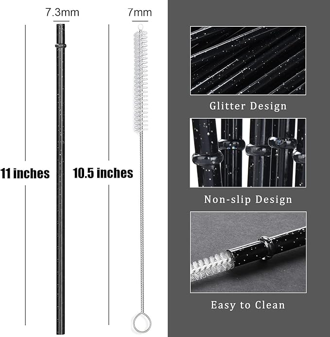 ALINK 12PCS Reusable Black Glitter Straws, 11" Long Hard Plastic Tumbler Drinking Straws for 16 OZ 20 OZ 30 OZ Stanley, YETI, Mason Jar, Starbucks Tumblers with Cleaning Brush