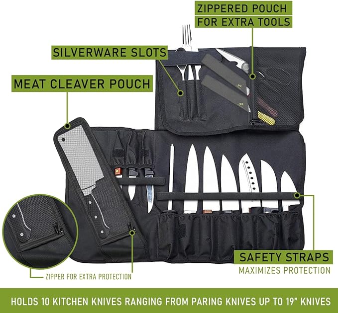 EVERPRIDE Chef Knife Roll Bag Holds 10 Knives – Contains 2 Large Zippered Pockets for Meat Cleavers and Cooking Tools – Durable Knife Case for Chefs and Culinary Students – Knives Not Included
