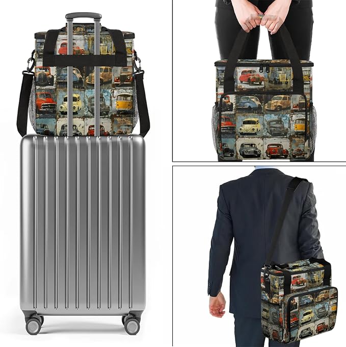 Vintage Car Theme Coffee Maker Carring Bag, Large Insulated Storage Organizer - Image 7