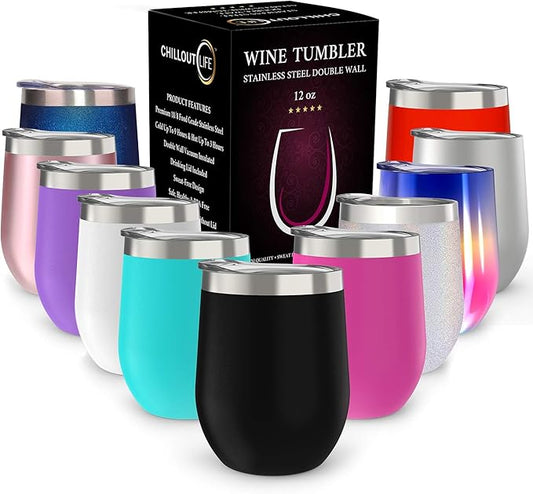 CHILLOUT LIFE 12 oz Stainless Steel Wine Tumbler with Lid - Double Wall Vacuum Insulated Wine Cup Glass Keeping Cold & Hot for Coffee, Champagne, Cocktails, Ice Cream - Powder Coated Black