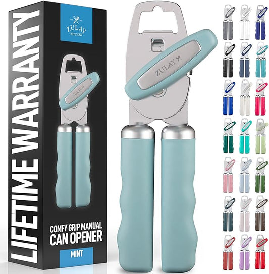 Zulay Kitchen Heavy Duty Stainless Steel Can Opener Manual with Bottle Opener - Rust Proof Manual Can Opener With Turn Knob & Comfy Soft Grip Handles - Mint