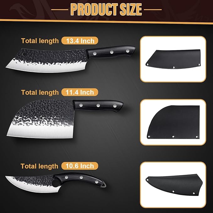 Golden Bird Butcher Knife Set - 4pcs Hand Forged Meat Cleaver Knife & Serbian Chef Knives & Sharp Viking Knives for Meat Cutting, Camping, BBQ, Christmas Gifts for Men Women
