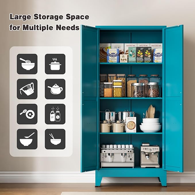 61" Tall Metal Pantry Cabinet, Kitchen Storage Cabinet with 2 Doors and 3 Adjustable Shelves for Kitchen, Living Room, Dining Room, Bathroom and Home, Office (Blue, 61" H)