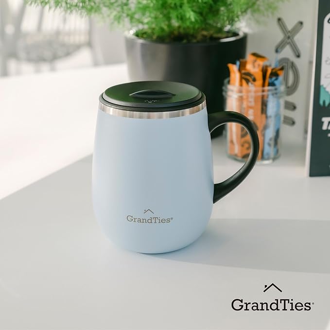 GRANDTIES Insulated Coffee Mug with Handle - Sliding Lid for Splash-Proof 16oz Wine-Glass Shape Thermal Tumbler with Double Walled Vacuum Stainless Steel to Keeps Beverages Hot or Cold-Glacier Lake