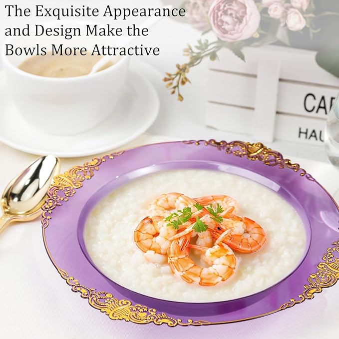 Nervure 50PCS Purple Plastic Bowls with Gold Rim - 12oz Disposable Soup Bowls, Heavy Duty Salad Dessert Bowl Perfect For Weddings, Parties and Everyday Use