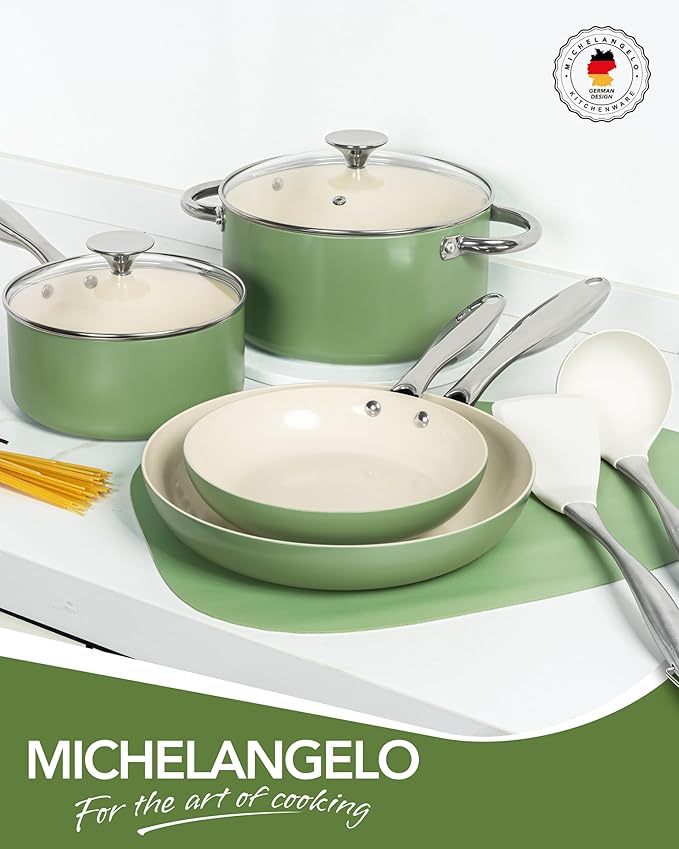 MICHELANGELO Pots and Pans Set - Nonstick Ceramic Cookware Set, 8-Piece Healthy Cooking Set, Non-Toxic, Oven Safe & Compatible with All Stovetops - Green