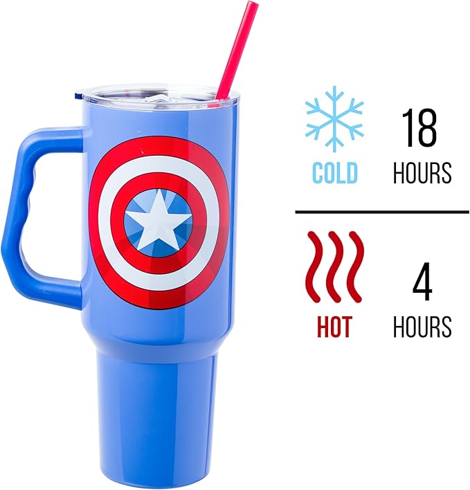 Silver Buffalo Marvel Captain America Shield Stainless Steel Tumbler with Handle and Straw, Fits in Standard Cup Holder, 40 Ounces