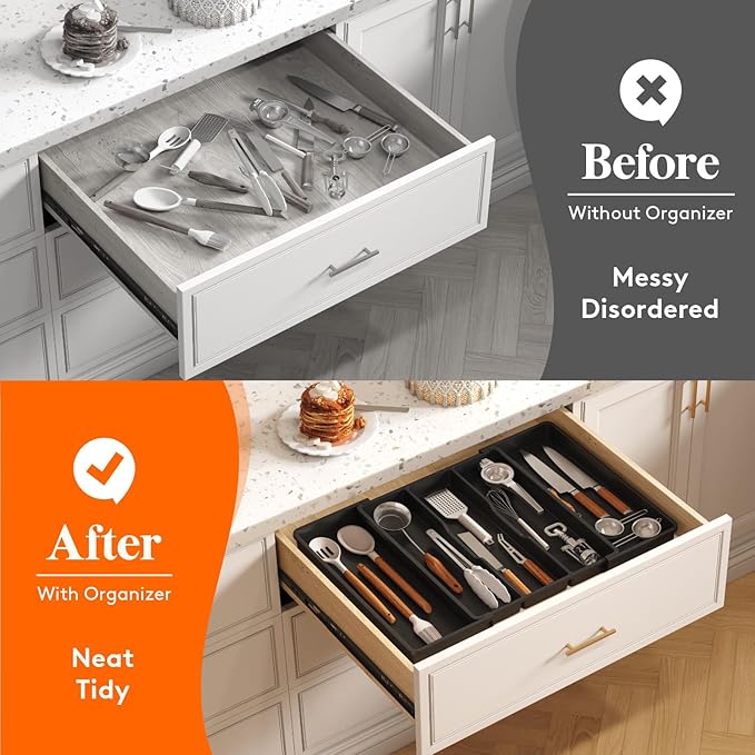 Lifewit Cooking Utensil Kitchen Drawer Organizer, Expandable from 16 to 28 inches, Plastic Cutlery Silverware Tray, Adjustable Spatula Holder, Flatware Tools Gadgets Storage Divider, XL,Black