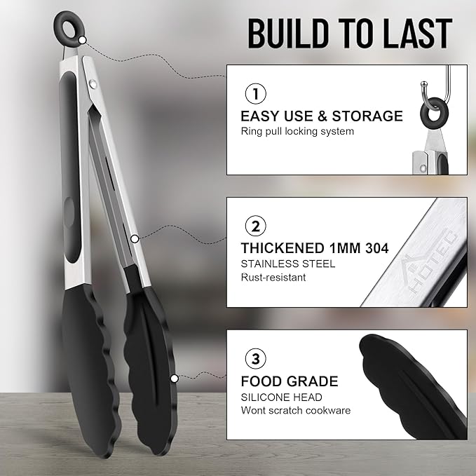 HOTEC Premium 7 & 9 Inch Kitchen Tongs, Stainless Steel Locking Cooking Tongs with Silicone Tips, Non-Scratch & Heat Resistant, Serving Tongs for Salad, BBQ, Black, Set of 2