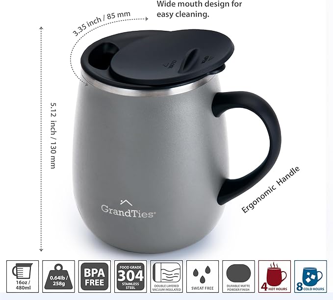 GRANDTIES Insulated Coffee Mug with Handle - Sliding Lid for Splash-Proof 16oz Wine-Glass Shape Thermal Tumbler with Double Walled Vacuum Stainless Steel to Keeps Beverages Hot or Cold-Stone Grey