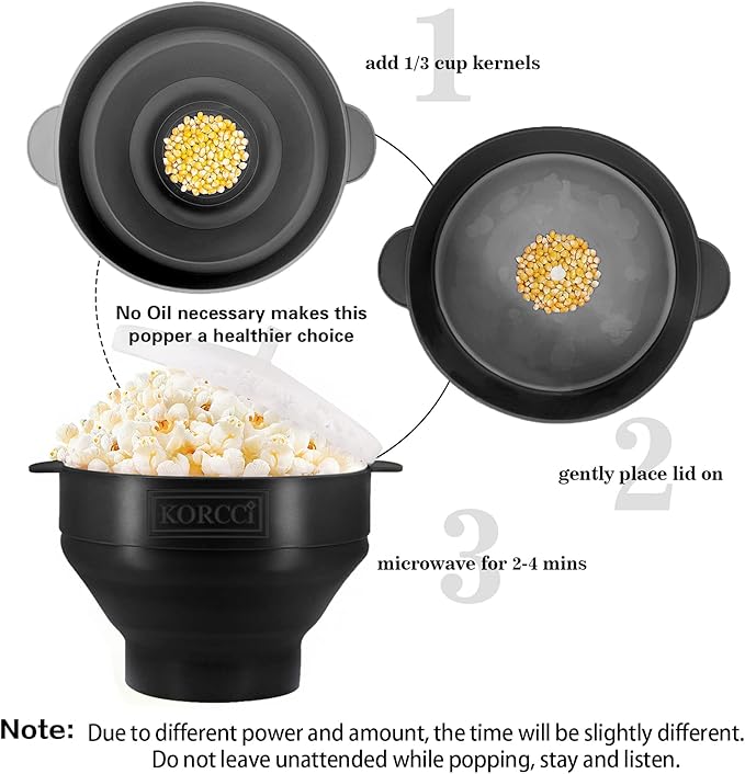 The Original Korcci Microwaveable Silicone Popcorn Popper, BPA Free Microwave Popcorn Popper, Collapsible Microwave Popcorn Maker Bowl, Dishwasher Safe - Black