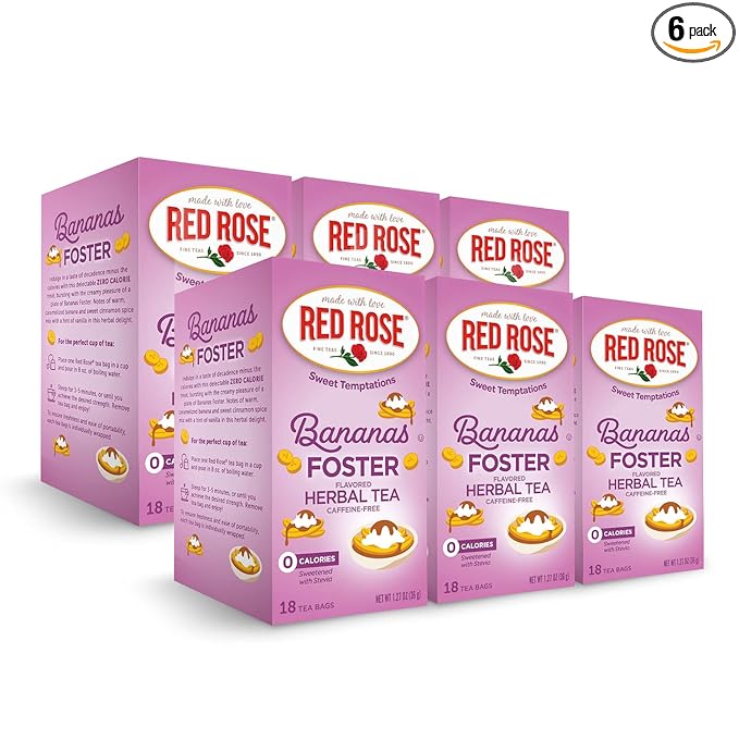 Red Rose Sweet Temptations Dessert Tea Bananas Foster, Zero Carbs, Zero Sugar Bursting with Flavor Caffeine-Free Delicious Beverage Herbal Tea, 18 Count Fruit Naturally Flavored Herbal Tea Pack of 6