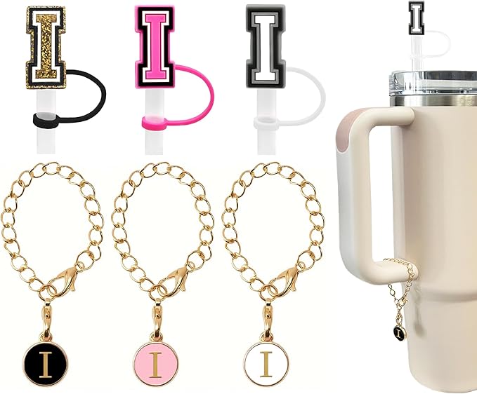 （3 +3) 3PCS Nuozme Straw Cover 10mm For Stanley Tumbler Cup Reusable Straw Cap Topper with 3 Initial Letter Charms Accessories Name ID Personalized Handle Charm For Stanley 30&40 Oz Cup Tumbler