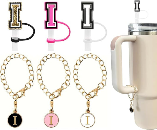 （3 +3) 3PCS Nuozme Straw Cover 10mm For Stanley Tumbler Cup Reusable Straw Cap Topper with 3 Initial Letter Charms Accessories Name ID Personalized Handle Charm For Stanley 30&40 Oz Cup Tumbler