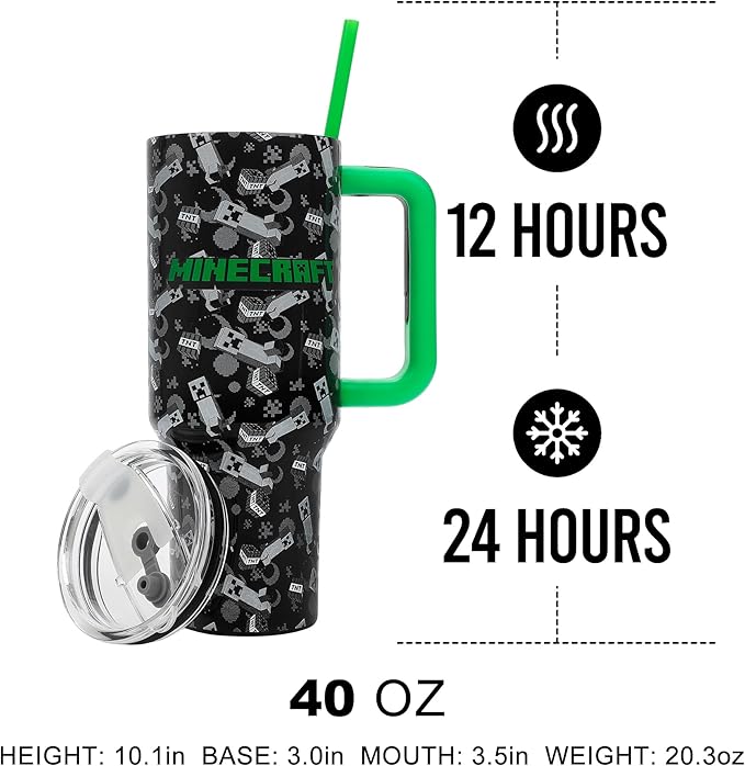 Bioworld Minecraft Creeper & TNT 40 Oz Black Stainless Steel Tumbler With Handle