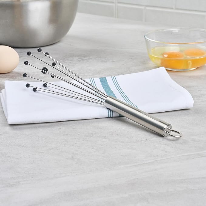 Restaurantware-German Standard 10.6 Inch Ball Whisks, 24 Kitchen Whisks With Silicone Balls - Ergonomic Handle, Dishwashable, Stainless Steel Manual Egg Beater, Durable, For Whisking, Stirring, Mixing