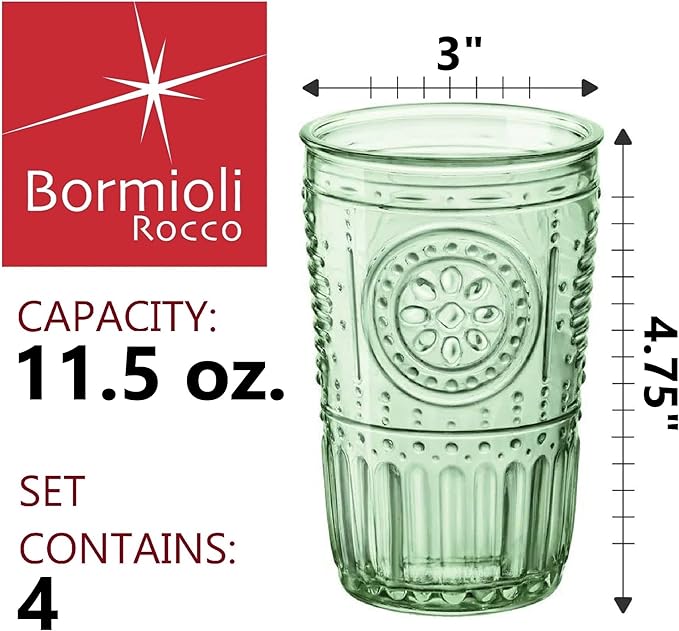 Bormioli Rocco Romantic Set Of 4 Tumbler Glasses, 11.5 Oz. Colored Crystal Glass, Pastel Green, Made In Italy.
