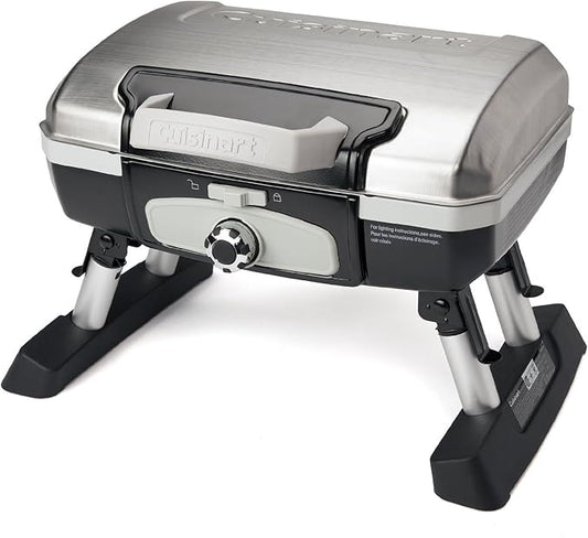 Cuisinart Petite Gourmet Portable Gas Grill, Compact Portable Grill Propane, 150 Sq. In. Cooking Surface, 5,500 BTU Burner Small Gas Grills for Camping, BBQ, Folding Legs and Carry Handles, Stainless